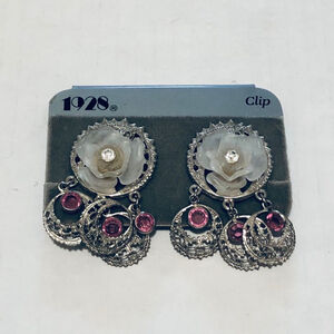 1928 Brand Vintage Jeweled Dangle Clip On Earrings Rose